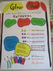 Buntes Plakat mit Infos zur Karnevalsparty zu Altweiber